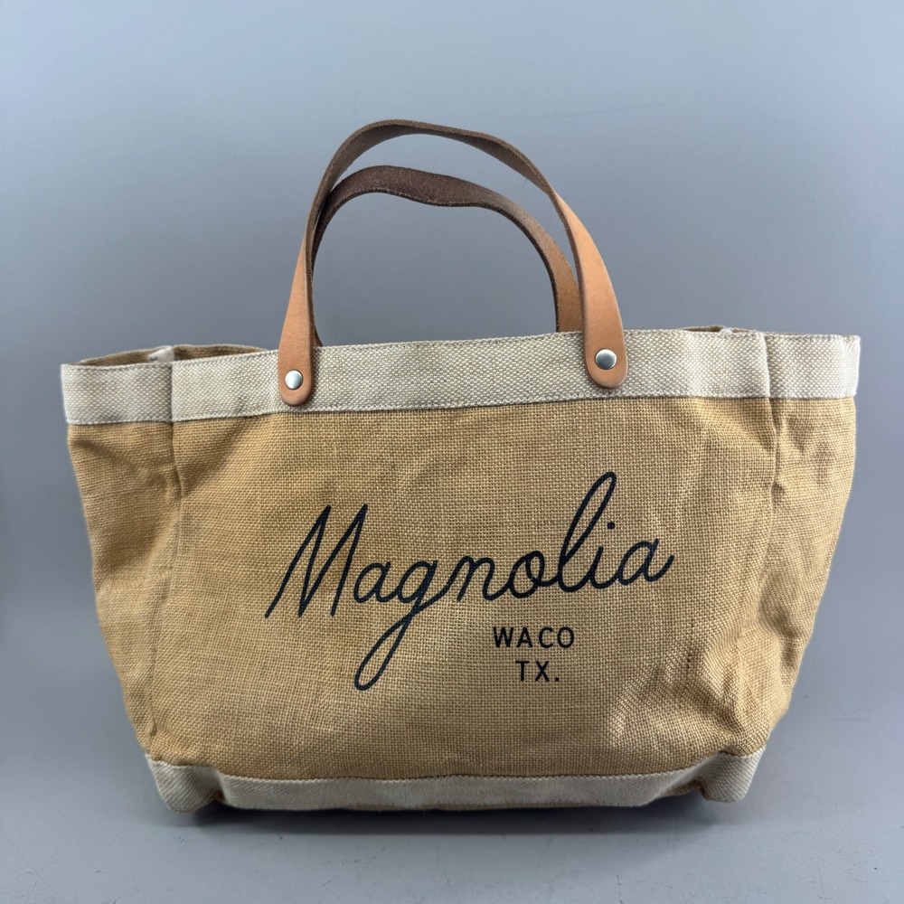 Apolis Magnolia Waco TX Jute Market Bag Leather Handle Tan Lunch Tote